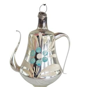 Vintage Czech‎ Hand Blown Silver Glass Teapot Christmas Ornament Blue Flower